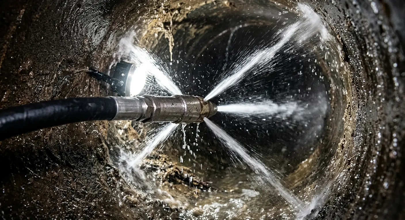 High-pressure hydro jetting nozzle cleaning sewer pipe for Trenchless Sewer Repair in Great Falls