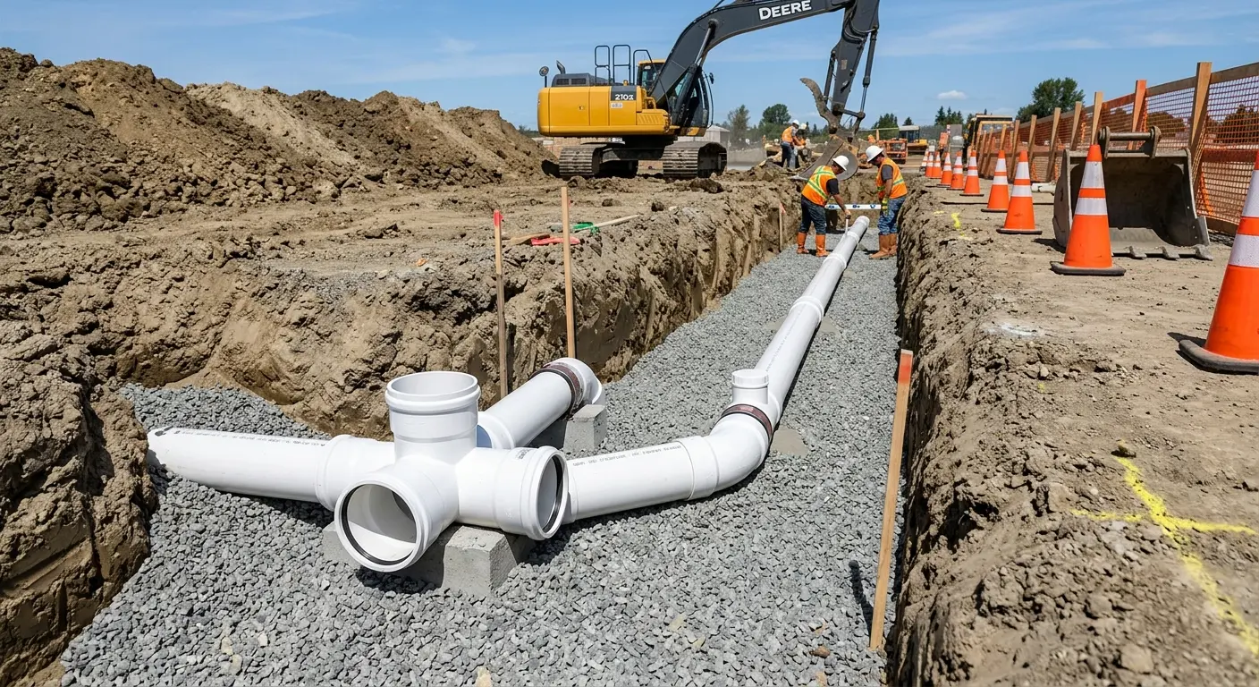 New PVC sewer pipe installation in open trench for Sewer Backup in Great Falls