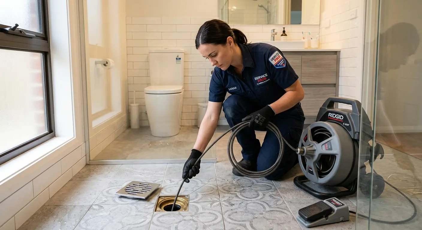 Technician clearing a bathroom floor drain for Hydro Jetting in Great Falls